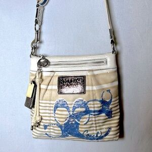 Coach Poppy Rocker Nautical Sequin Crossbody Bag White/Tan Stripes, Blue Logo